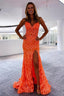Orange Fashion Unique V-Neck Dress Long Lace Mermaid Slim Fit Slit Ball Gown Evening Dress