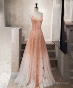 Unique Pink Tulle Long Prom Dress, Tulle Pink Evening Dress