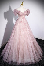 Unique Powder Blusher Pink Glitter Sequins Off Shoulder Rhinestone Applique Short Sleeve Prom Dress Powder Blusher Pink A-Line Princess Backless Strap Long Evening Dress