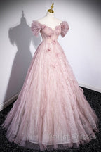 Unique Powder Blusher Pink Glitter Sequins Off Shoulder Rhinestone Applique Short Sleeve Prom Dresses Powder Blusher Pink A-Line Princess Backless Strap Long Prom Dresses