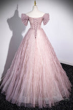 Unique Powder Blusher Pink Glitter Sequins Off Shoulder Rhinestone Applique Short Sleeve Prom Dress Powder Blusher Pink A-Line Princess Backless Strap Long Evening Dress