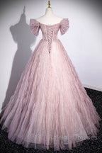 Unique Powder Blusher Pink Glitter Sequins Off Shoulder Rhinestone Applique Short Sleeve Prom Dresses Powder Blusher Pink A-Line Princess Backless Strap Long Prom Dresses