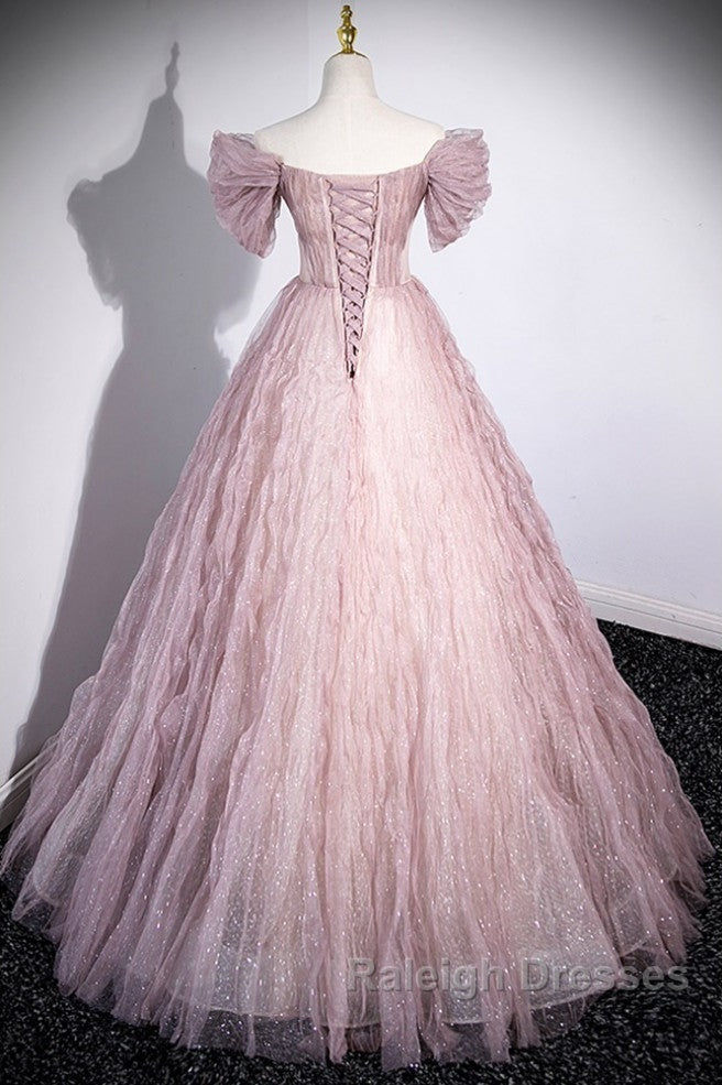 Unique Powder Blusher Pink Glitter Sequins Off Shoulder Rhinestone Applique Short Sleeve Prom Dresses Powder Blusher Pink A-Line Princess Backless Strap Long Prom Dresses