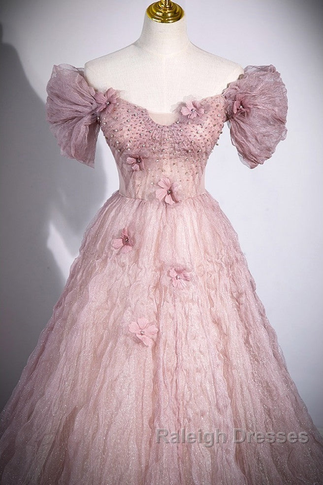 Unique Powder Blusher Pink Glitter Sequins Off Shoulder Rhinestone Applique Short Sleeve Prom Dress Powder Blusher Pink A-Line Princess Backless Strap Long Evening Dress