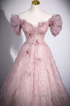 Unique Powder Blusher Pink Glitter Sequins Off Shoulder Rhinestone Applique Short Sleeve Prom Dresses Powder Blusher Pink A-Line Princess Backless Strap Long Prom Dresses