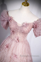 Unique Powder Blusher Pink Glitter Sequins Off Shoulder Rhinestone Applique Short Sleeve Prom Dresses Powder Blusher Pink A-Line Princess Backless Strap Long Prom Dresses