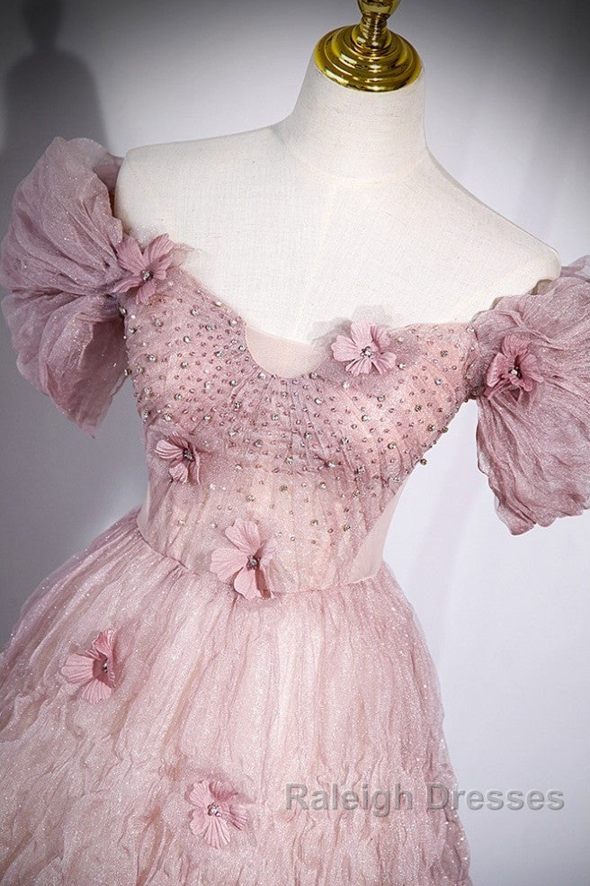 Unique Powder Blusher Pink Glitter Sequins Off Shoulder Rhinestone Applique Short Sleeve Prom Dresses Powder Blusher Pink A-Line Princess Backless Strap Long Prom Dresses