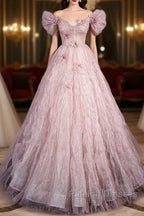 Unique Powder Blusher Pink Glitter Sequins Off Shoulder Rhinestone Applique Short Sleeve Prom Dresses Powder Blusher Pink A-Line Princess Backless Strap Long Prom Dresses