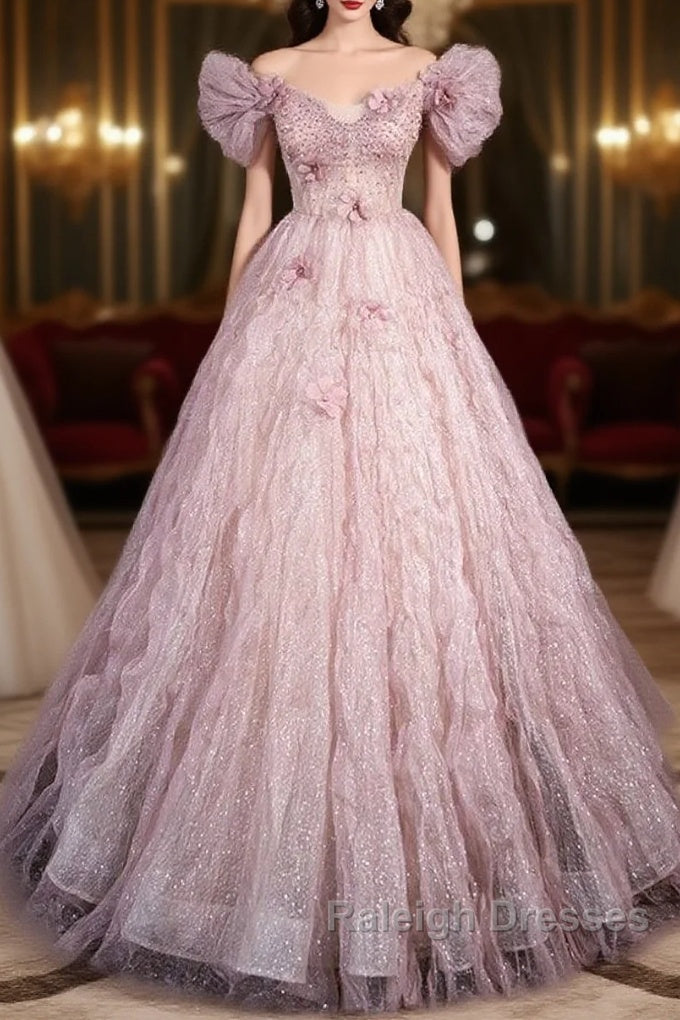 Unique Powder Blusher Pink Glitter Sequins Off Shoulder Rhinestone Applique Short Sleeve Prom Dresses Powder Blusher Pink A-Line Princess Backless Strap Long Prom Dresses