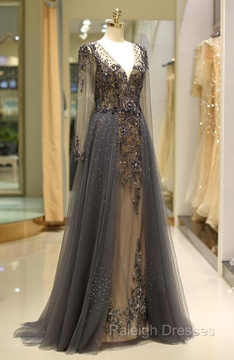Unique Prom Dress Long Sleeves Tulle V-Neck Neckline Floor-Length A-Line,Evening Dress, Formal Dress Secondary image