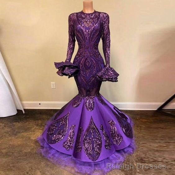 Unique Purple Long Sleeves Sequins Lace Mermaid Prom Dresses, Shinning Formal Evening Party Dress