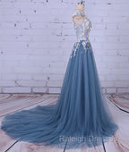 Unique Round Neck Applique Tulle Long Prom Dress, Tulle Prom Dress