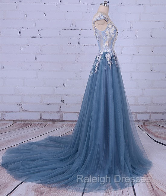 Unique Round Neck Applique Tulle Long Prom Dress, Tulle Prom Dress