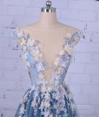 Unique Round Neck Applique Tulle Long Prom Dress, Tulle Prom Dress