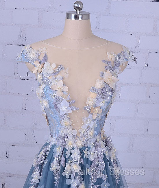 Unique Round Neck Applique Tulle Long Prom Dress, Tulle Prom Dress