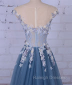 Unique Round Neck Applique Tulle Long Prom Dress, Tulle Prom Dress