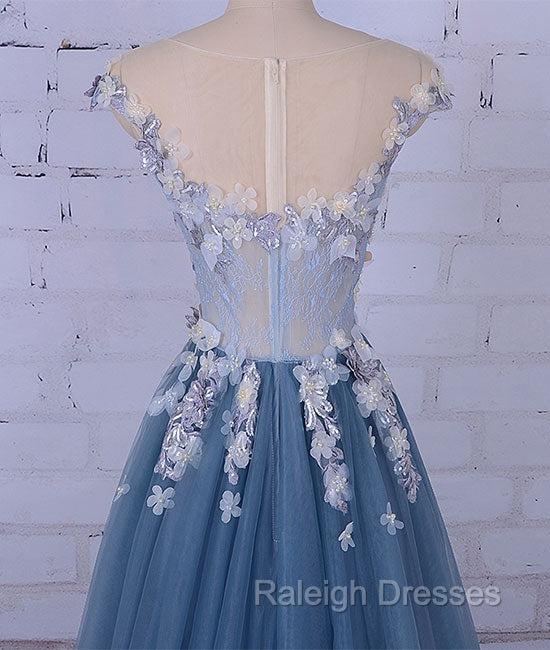 Unique Round Neck Applique Tulle Long Prom Dress, Tulle Prom Dress