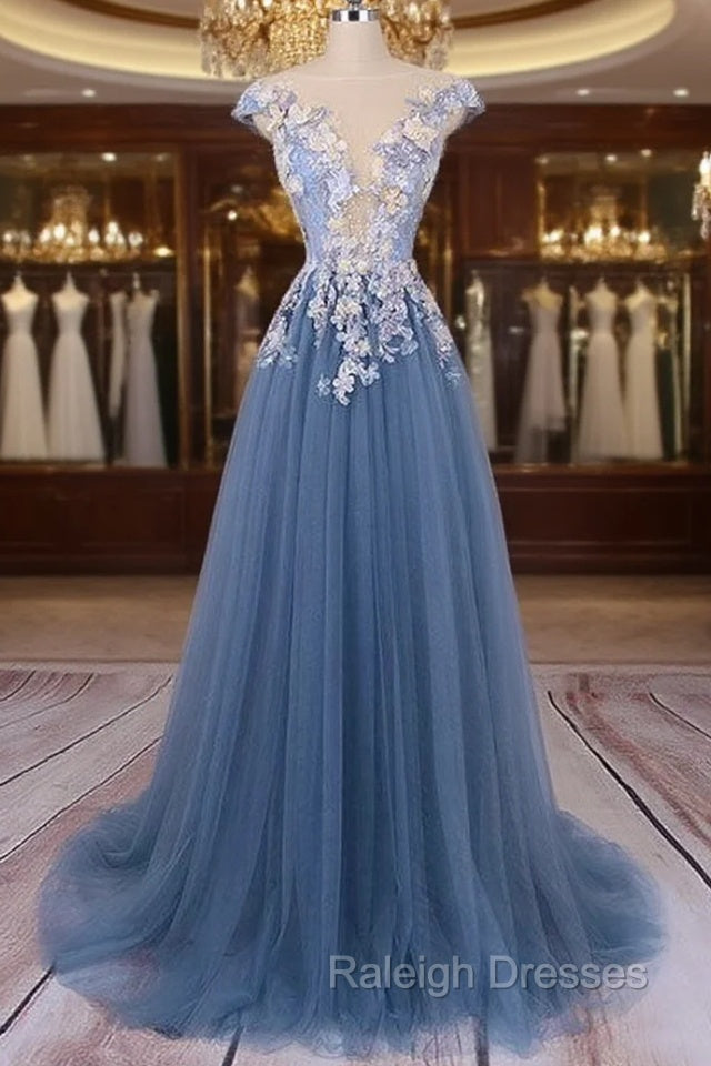Unique Round Neck Applique Tulle Long Prom Dress, Tulle Evening Dress Main image