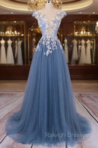 Unique Round Neck Applique Tulle Long Prom Dress, Tulle Prom Dress