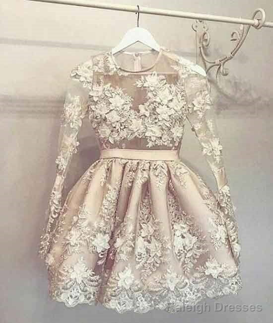 Unique Round Neck Champagne Lace Short Prom Dresses Homecoming Dresses