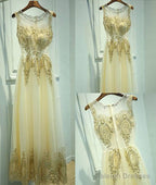 Unique Round Neck Lace Tulle Long Prom Dresseses