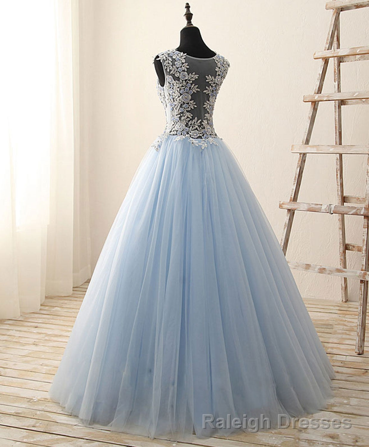 Unique Round Neck Tulle Lace Long Prom Dress, Long Evening Dress Secondary image