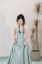 Unique Satin Floor Length Prom Dress, A-Line Strapless Formal Evening Dress