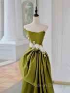 Unique Satin Flower Green Long Prom Dress, Green Long Formal Dress