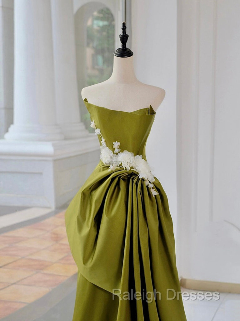 Unique Satin Flower Green Long Prom Dress, Green Long Formal Dress
