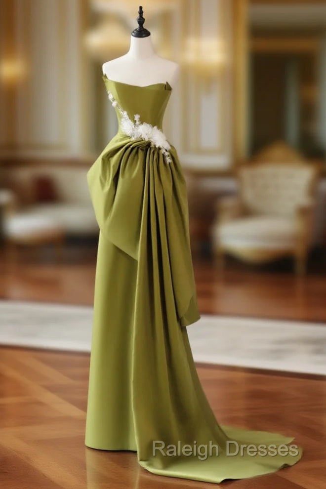 Unique Satin Flower Green Long Prom Dress, Green Long Formal Dress Main image