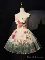 Unique Scoop Neckline Tulle Flower Champagne Short Prom Dresses Cute Prom Dresses