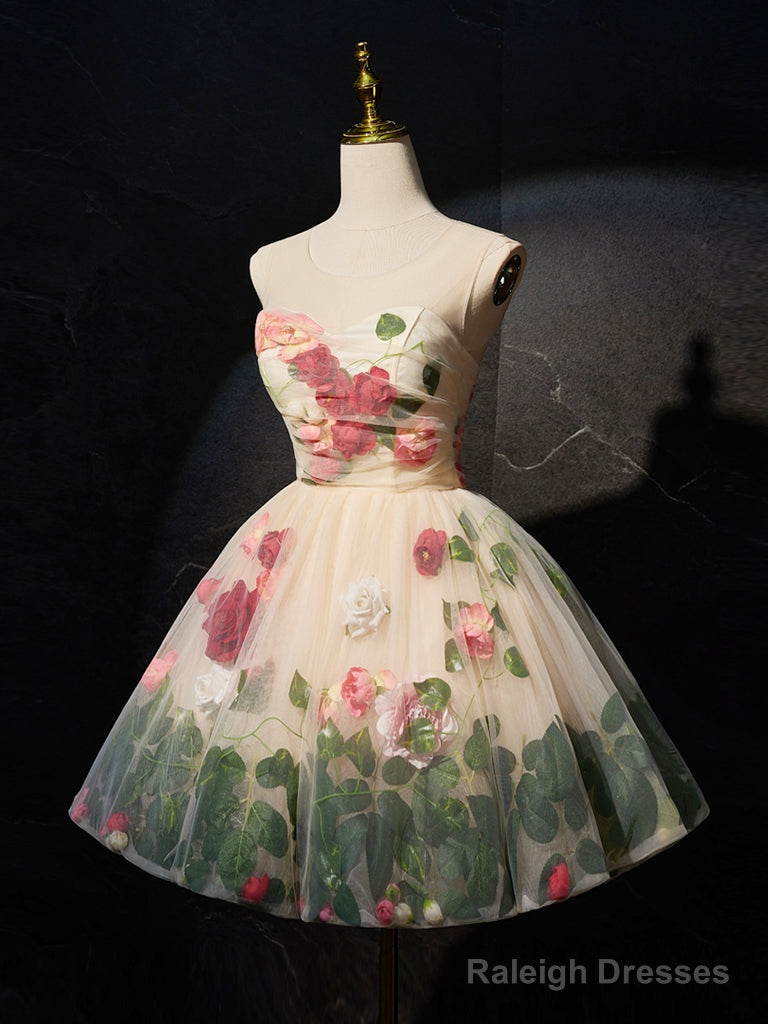 Unique Scoop Neckline Tulle Flower Champagne Short Prom Dresses Cute Prom Dresses
