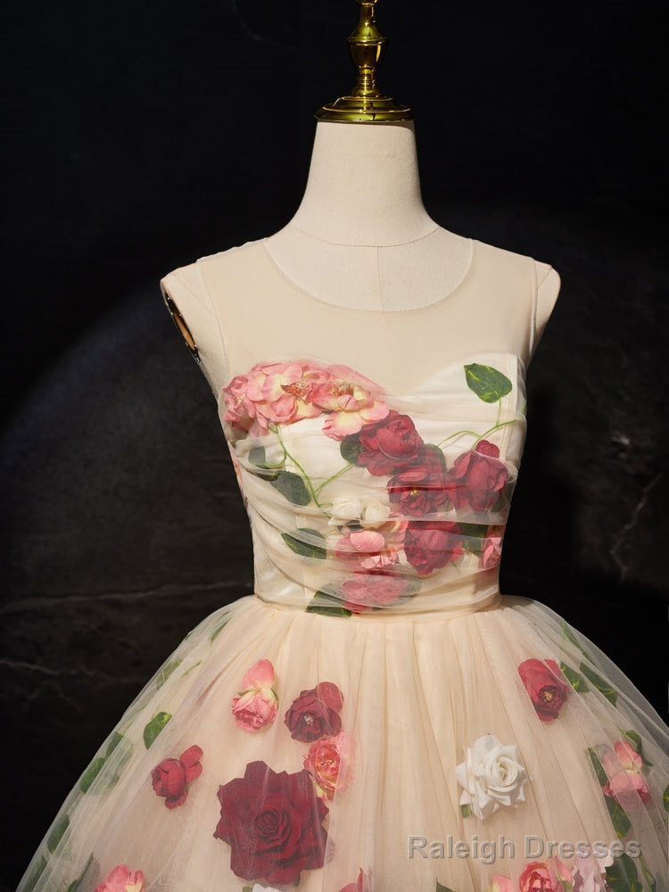 Unique Scoop Neckline Tulle Flower Champagne Short Prom Dress, Cute Formal Dress