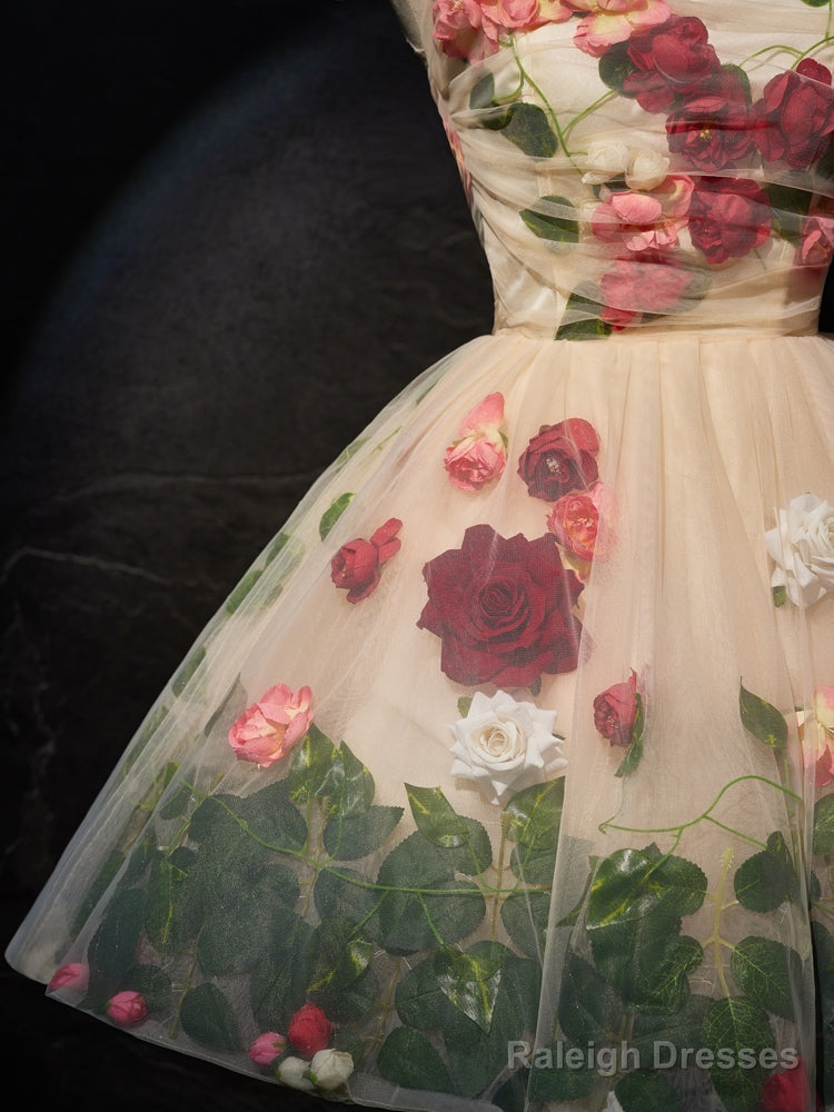 Unique Scoop Neckline Tulle Flower Champagne Short Prom Dresses Cute Prom Dresses
