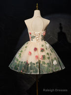 Unique Scoop Neckline Tulle Flower Champagne Short Prom Dresses Cute Prom Dresses