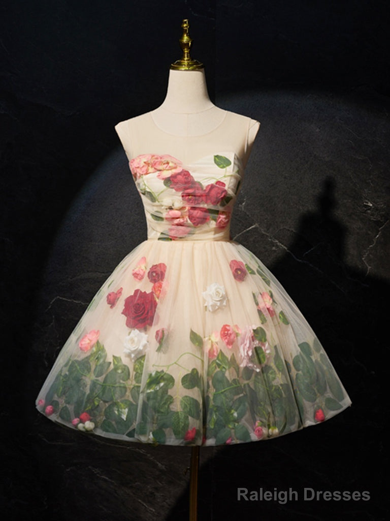 Unique Scoop Neckline Tulle Flower Champagne Short Prom Dress, Cute Formal Dress Main image