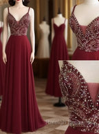 Unique Sequin Beads Burgundy Long Prom Dress, Formal Dress
