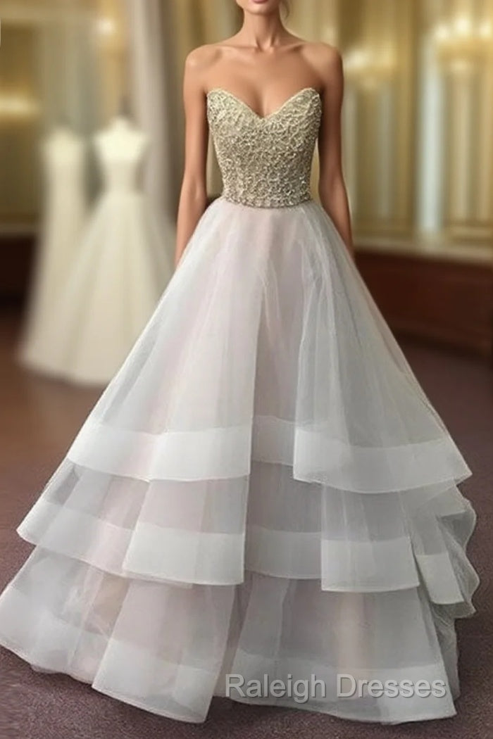 Unique Sequin Gray Tulle Prom Dress, Long Gray Evening Dress Main image