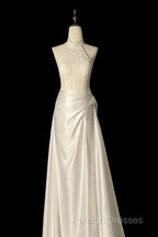 Unique Sheath High Neckline Satin Lace Ivory Wedding Dresses