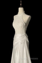 Unique Sheath High Neckline Satin Lace Ivory Wedding Dress