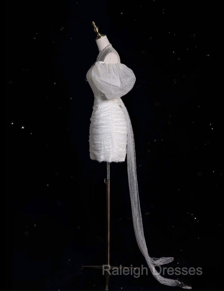 Unique Sheath Off The Shoulder Sequin Short Sleeves White Wedding Dresses Brides Dress