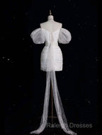 Unique Sheath Off The Shoulder Sequin Short Sleeves White Wedding Dresses Brides Dress