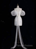 Unique Sheath Off The Shoulder Sequin Short Sleeves White Wedding Dress Brides Dresses