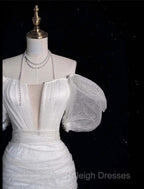 Unique Sheath Off The Shoulder Sequin Short Sleeves White Wedding Dresses Brides Dress