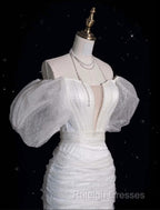 Unique Sheath Off The Shoulder Sequin Short Sleeves White Wedding Dresses Brides Dress