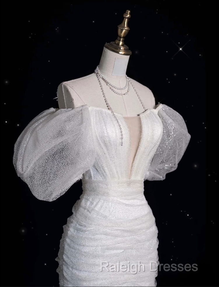 Unique Sheath Off The Shoulder Sequin Short Sleeves White Wedding Dresses Brides Dress