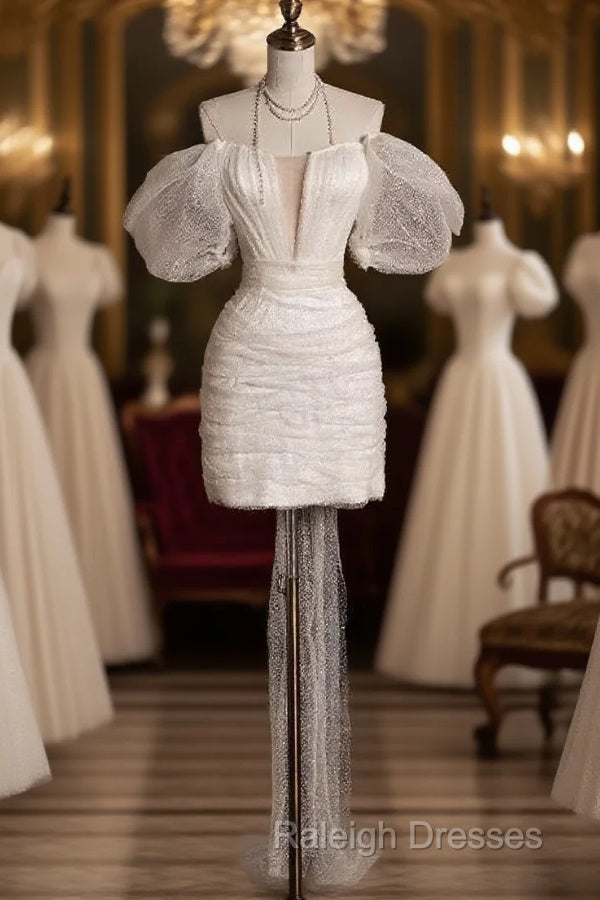 Unique Sheath Off The Shoulder Sequin Short Sleeves White Wedding Dresses Brides Dress Main image