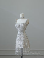 Unique Sheath Spaghetti Straps Silver Wedding Dress Brides Dresses