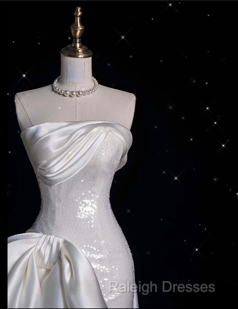Unique Sheath Strapless Sequin Short White Wedding Dress Brides Dresses