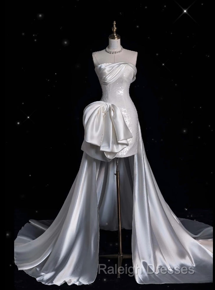 Unique Sheath Strapless Sequin Short White Wedding Dress Brides Dresses